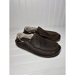 Olukai Moloa Slippers Mens 9 Brown Leather Wool Lined Slip On Shoes